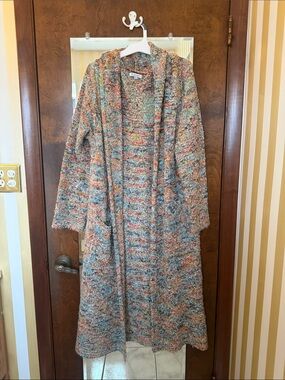 Long Multicolor Knit Maxi Cardigan Dress in Coral & Teal - Unknown Brand